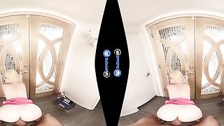 Super hot young blonde wearing revealing pink dress gets welcomed in the house and sucks customer immediately by the entrance door and fucks